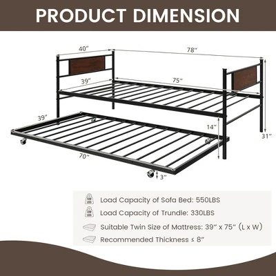 Costway Twin 2-In-1 Daybed Frame With Trundle Bed Set Steel Platform Sofa Bed Black 5 Costway Twin 2-In-1 Daybed Frame With Trundle Bed Set Steel Platform Sofa Bed Black - Image 3